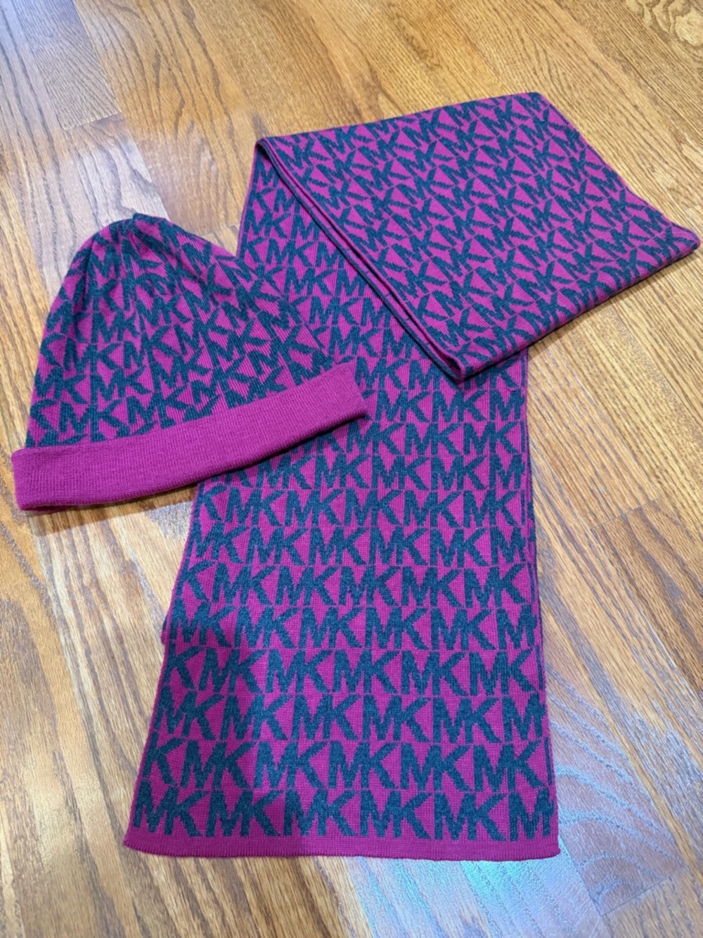 Michael Kors Hot Pink and Grey MK Logo Knit Hat & Scarf Set